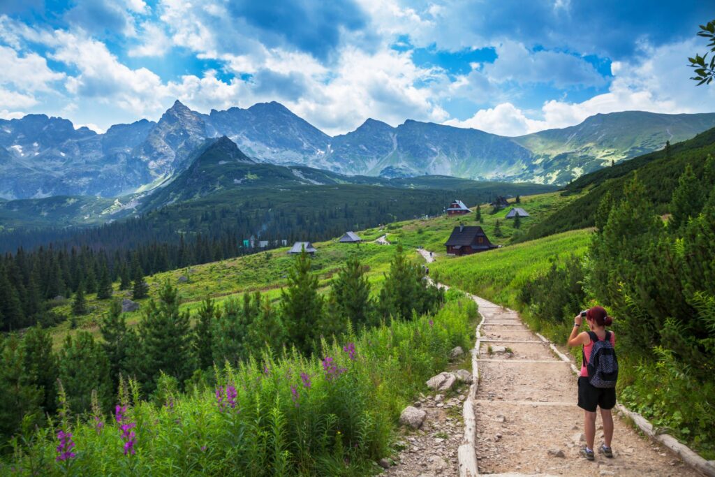 Eine Person wandert auf einem breiten Naturpfad durch ein grünes Tal mit Hütten, Tannen und farbigen Blumen, während hohe Berge unter einem teils bewölkten Himmel aufragen.