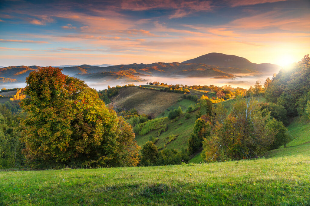 Atemberaubende Herbstlandschaft mit nebelverhangener Kulisse, Dorf Holbav, Karpaten, Siebenbürgen, Rumänien, Europa