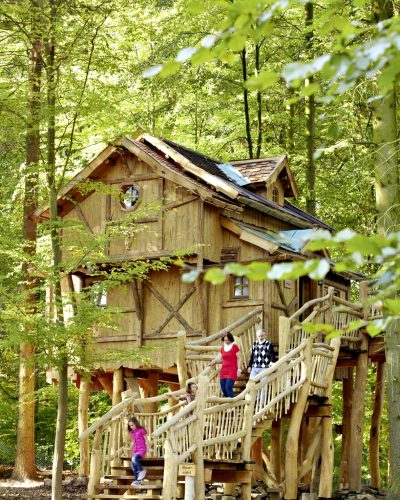 Baumhaus das mitten im Wald steht und für die ganze Familie geeignet ist