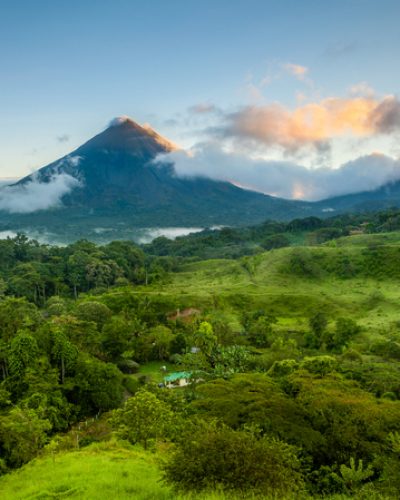 Scenic view of Arenal Volcano in central Costa Rica at sunrise