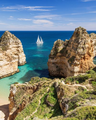 Scenic landscape and beach on Algarve coast, Portugal